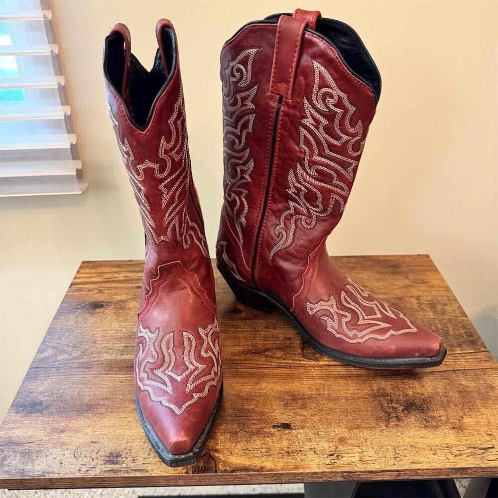 Womens Western Cowboy Boots Red Leather Embroidered Pointed Toe 10M